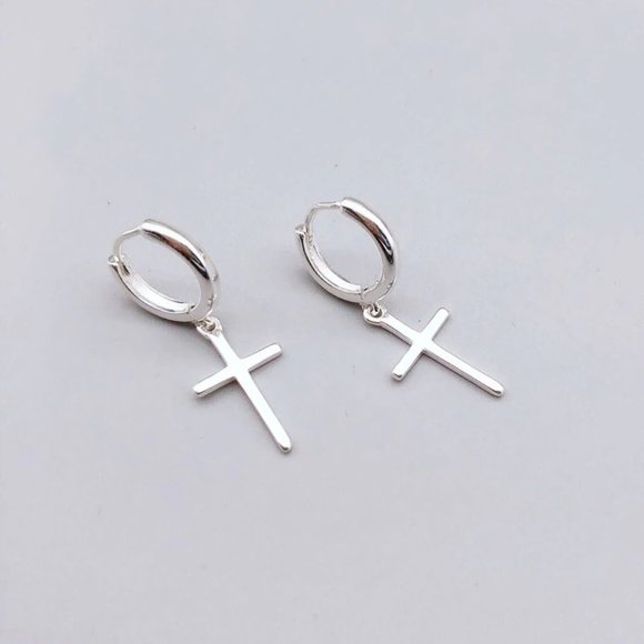 NEW Silver Cross Pendant Hoop Earring - Picture 4 of 6